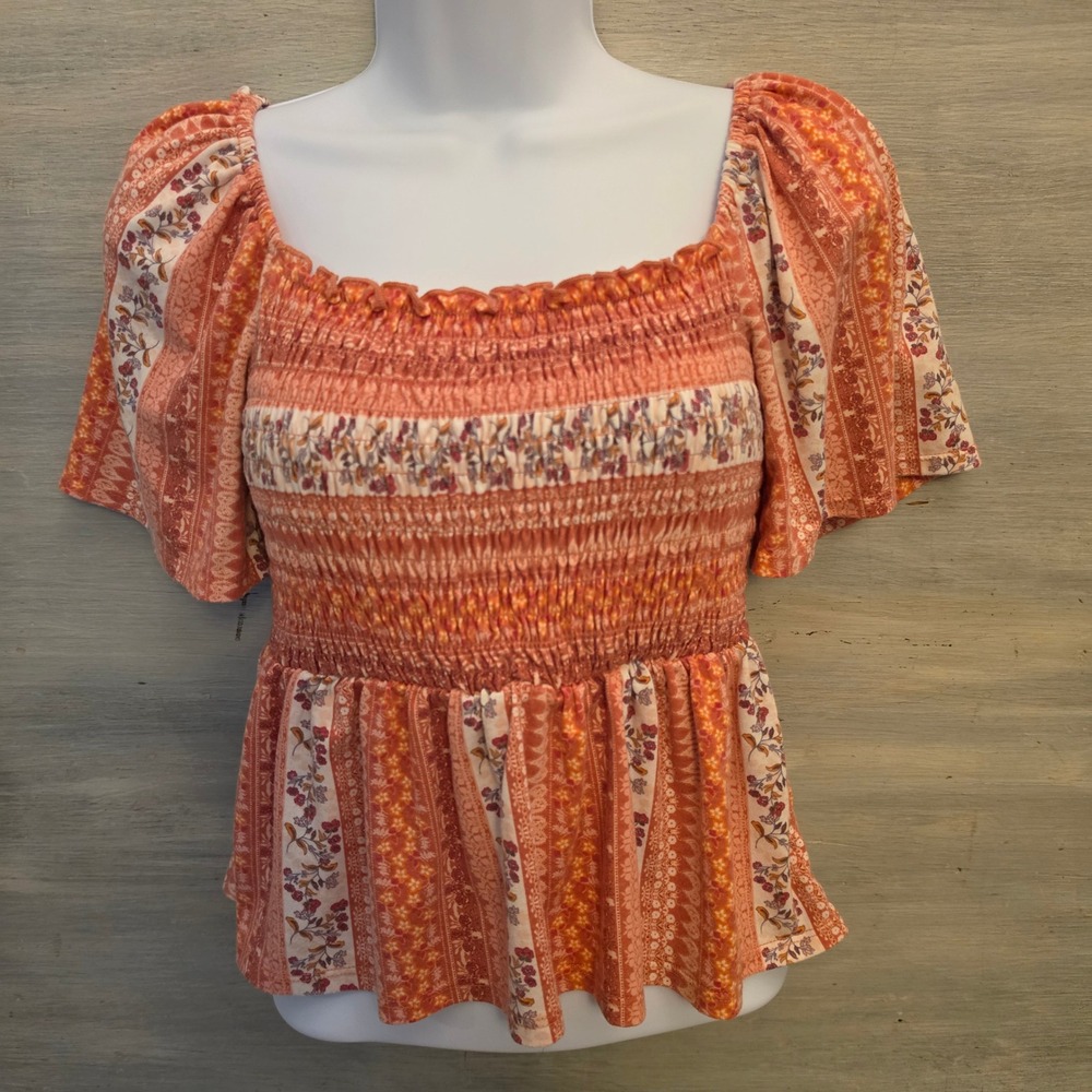Gypsy & Moondust Multicolor Floral Print Smocked Peplum Cropped Top XS GC